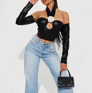 Halter Faux Leather Rose Accent Top